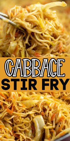 the words garbage stir fry are in black and white letters over an image of noodles