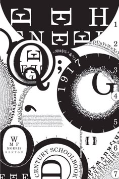 an abstract black and white poster with letters, numbers, and circles in the center