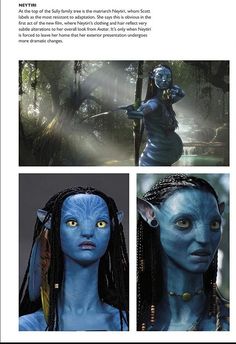 an article with pictures of avatars in blue makeup and hair, as well as text