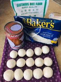 the ingredients to make glutinous rice flour laid out on a purple tray