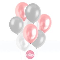 a bunch of balloons with the words cheers written on them in pink and silver colors