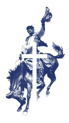 a man riding on the back of a horse with a cross in the middle of it