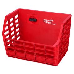 a large red plastic crate with the word milwaukee on it