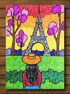 a drawing of the eiffel tower with trees and flowers in front of it