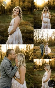 a pregnant couple standing in the woods at sunset