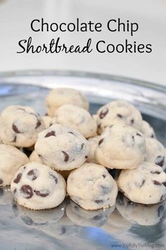 chocolate chip shortbread cookies on a plate with the words, chocolate chip shortbread cookies