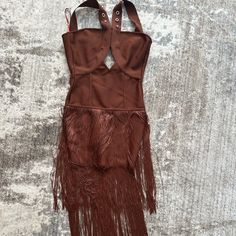 Brand New Never Worn Brown Bandage Fringe Dress Beach Mini Dress With Fringe And Fitted Style, Beach Mini Dress With Fringe And Fitted Waist, Brown Mini Dress For Spring Parties, Brown Summer Dress For Night Out, Brown Summer Party Mini Dress, Summer Club Mini Dress With Fringe, Brown Sleeveless Club Dress, Brown Sleeveless Fringe Dress, Sleeveless Brown Club Dress