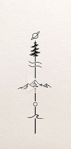 a black and white drawing of a tall tree with mountains in the background on paper