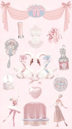 a pink poster with swan decorations and other items on it's side, including a cake