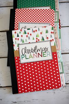 three christmas planner pages stacked on top of each other with red and green polka dots