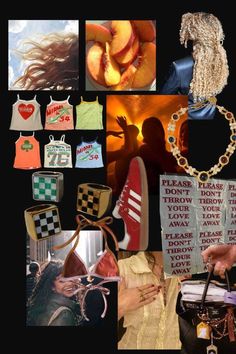 a collage of different items including shoes, handbags and necklaces with words written on them