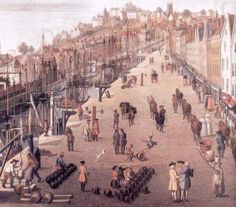 an old painting of people and horses on a city street with buildings in the background