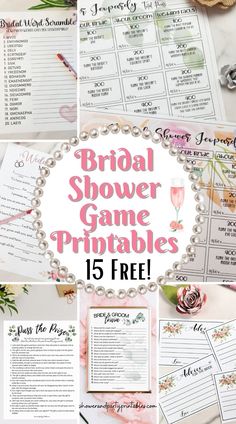 bridal shower game printables with flowers and pearls on the table, including games for