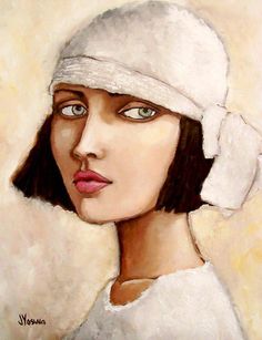 a painting of a woman wearing a white hat