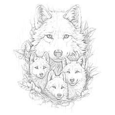 a drawing of three wolfs with leaves around them