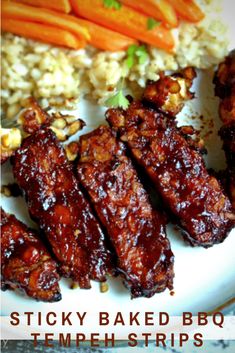 sticky baked bbq teriyaki strips on a plate with carrots and rice