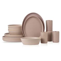 an assortment of dishes and cups are shown in this image, including one with a white background