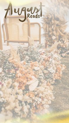 the cover of august reads with flowers and chairs in the foreground, against a backdrop of palm trees