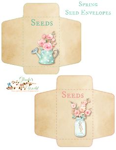 two seed envelopes with pink flowers in a mason jar