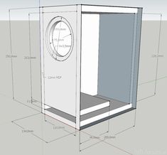 a drawing of a room with a clock on the wall and measurements for each section