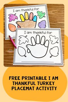 Free printable "I am thankful for" turkey placemat activity with colorful handprint and crayon. Thankful Placemats For Kids, I Am Thankful Placemat Preschool, Thanksgiving Kids Placemats Printable, Toddler Thankful Activities, Thanksgiving Placemats Preschool Printable, Turkey Placemats Preschool, Preschool Thanksgiving Placemats, I Am Thankful For Printable