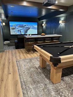 a pool table with a television in the background