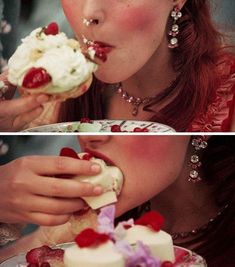 two pictures of a woman eating cake with white frosting and raspberries