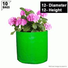 a green planter filled with pink flowers on top of a white background and the words, 15 - diamet height