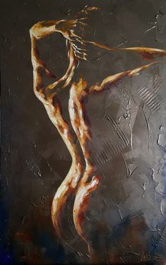 an abstract painting of a woman with her arms in the air, holding a knife