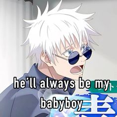 an anime character with white hair and glasses holding a blue object in front of him