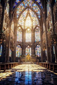 the inside of a large cathedral with stained glass windows