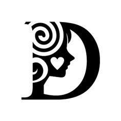 the letter d with a woman's head and swirls in black on a white background