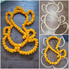 three pictures of yellow flowers arranged in the shape of an animal's head and tail