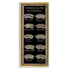 a framed poster with poker hand ranks on the front and back of it's frame