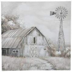 a painting of a barn and windmill in the country side with trees on either side