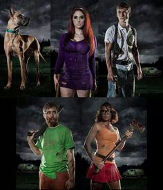 four different pictures of people and their dogs in the same photo, with one woman holding a knife