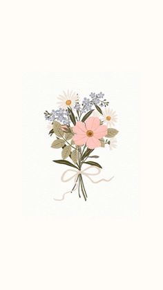 a bouquet of daisies and other flowers on a white background with a ribbon around it