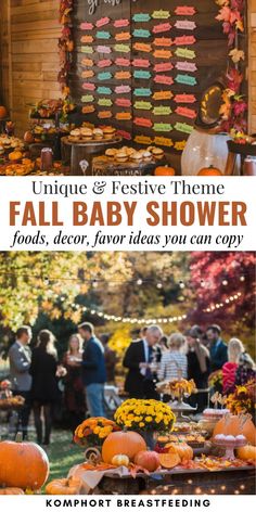 an outdoor baby shower with pumpkins, flowers and other decorations on the outside wall