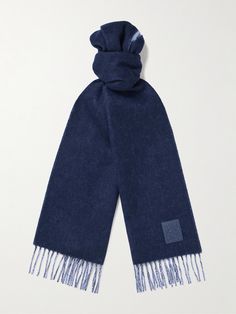 Loewe's scarf is knitted from a sumptuous wool and cashmere-blend, brushed to enhance its soft handle. It's finished with tactile fringing and a leather patch detailed with the brand's signature 'Anagram' motif. Scarf For Men, Summer Sunglasses, Scarf Men, Loungewear Shorts, Fine Jewelry Designers, Short Suit, Blue Wool, Cashmere Scarf, Wool Scarf