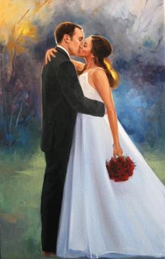 a painting of a bride and groom kissing