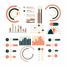 an info board with different types of graphs and numbers in orange, black and white