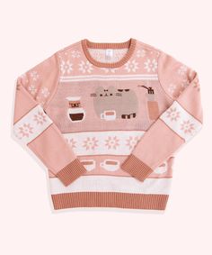 Click to see size chart. Time for a coffee break! This Pusheen Shop Exclusive Knit Sweater will keep you pawsitively cozy all winter long, or is the perfect gift for all Coffee Lovers! Knit Sweater features Pusheen enjoying a cup of coffee & surrounded by coffee-making essentials. Snowflake and coffee cup patterns wrap around front and back of sweater. Unisex fit and sizing. Model is wearing size Medium/Large. Content: 100% Acrylic. Imported. Care: Hand wash cold. Lay flat to dry or professional Pusheen Shop, Coffee Making, Stationery Craft, A Cup Of Coffee, Unisex Accessories, Sweater Sale, Pusheen, Cup Of Coffee, Coffee Lovers