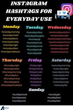 the instagram hashtass for everyday use are shown in this poster, which is also