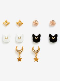 Sailor Moon Gold Earring Set - BoxLunch Exclusive, Sailor Moon Mask Tuxedo, Sailor Moon Jewelry, Gold Earring Set, Luna Artemis, Sailor Moon Shirt, Sailor Moon Merchandise, Luna And Artemis, Moon Gold, Classic Anime