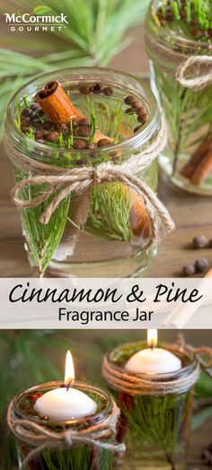 two jars filled with cinnamon and pine candles