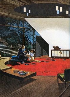 two people sitting on a red rug in a room with stairs leading to the second floor