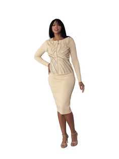 Kayla 5354 gold knit skirt suit Fitted Beige Skirt For Winter, Elegant Fitted Beige Sweater, Elegant Fitted Sets For Fall, Elegant Fitted Fall Sets, Elegant Fitted Formal Sweater, Beige Fitted Skirt Suit For Winter, Fitted Sweater For Formal Spring Occasion, Chic Fitted Beige Cardigan, Chic Beige Fitted Cardigan