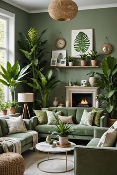 a living room filled with lots of green furniture and plants on top of the walls