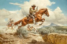 a painting of cowboys riding horses in the desert