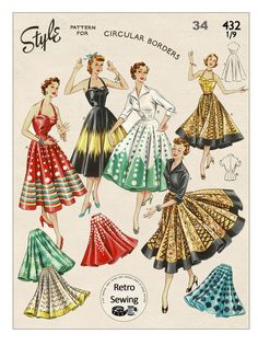 an old fashion sewing pattern for women's dresses and skirts, from the 1950's